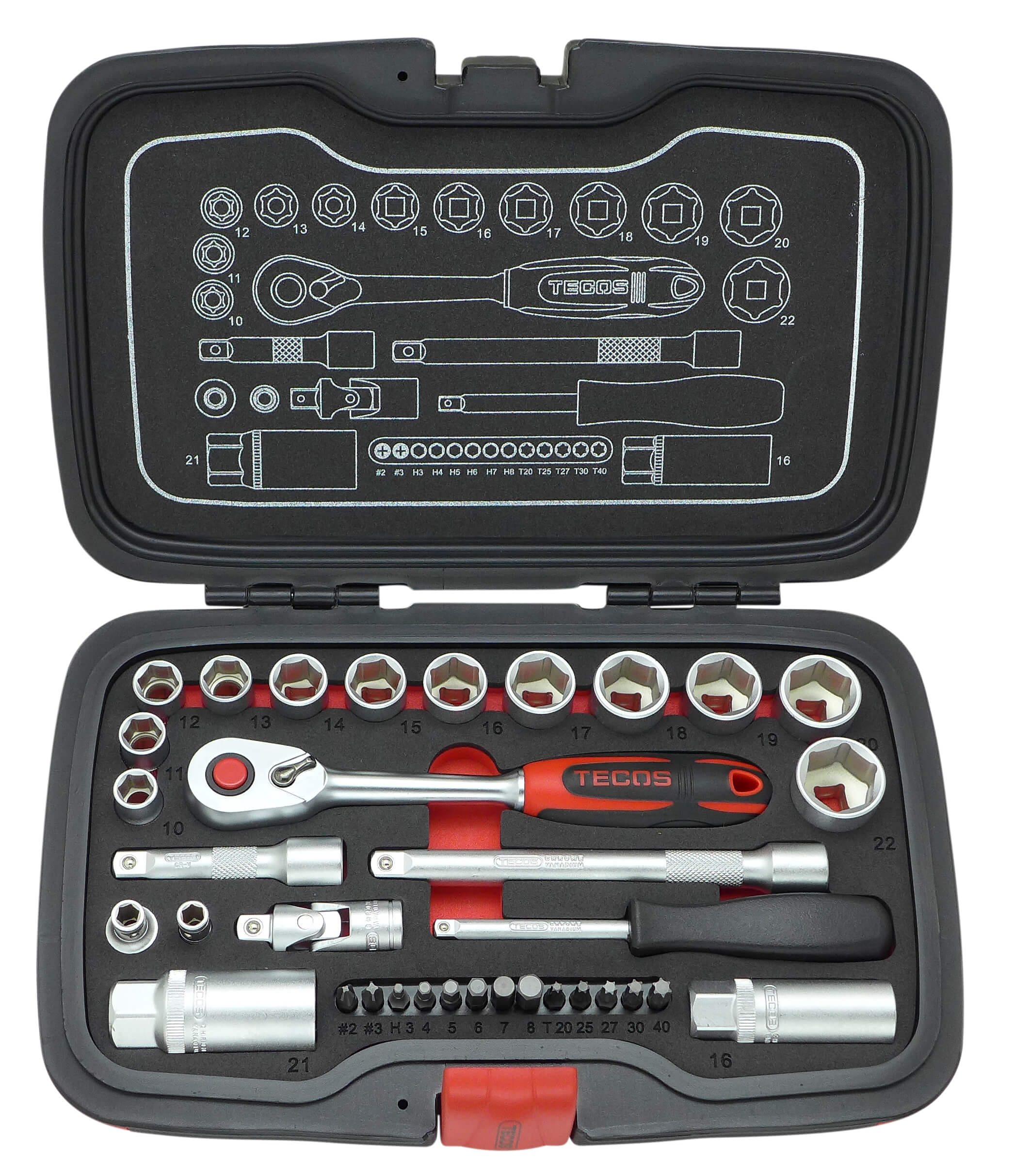 Tecos T-1934 Topnøglesæt 3/8" 34dl 10-22mm m/EVA indlæg