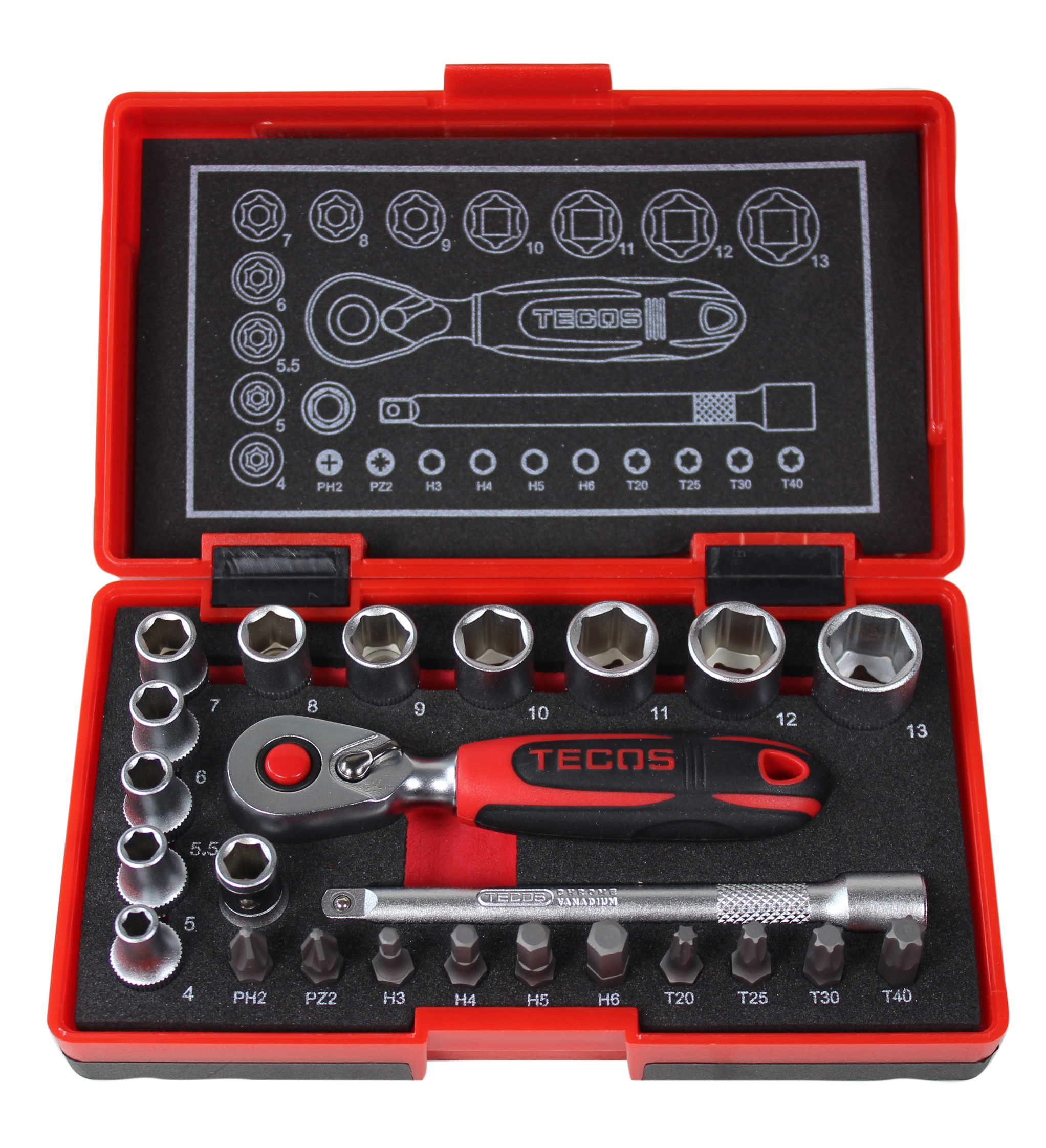 Tecos T-0623M Topnøglesæt 1/4" 24dl 4-13mm Finmekaniker