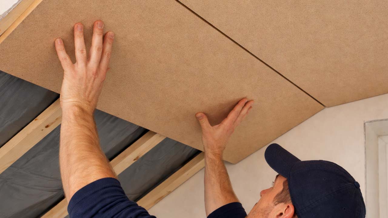 MDF plade der monterer p&aring; loft