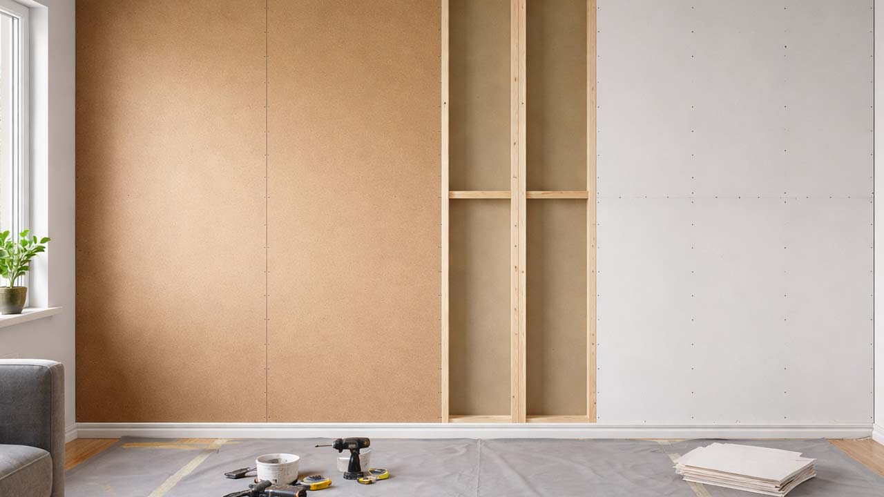 V&aelig;g af b&aring;de MDF plader og gipsplader