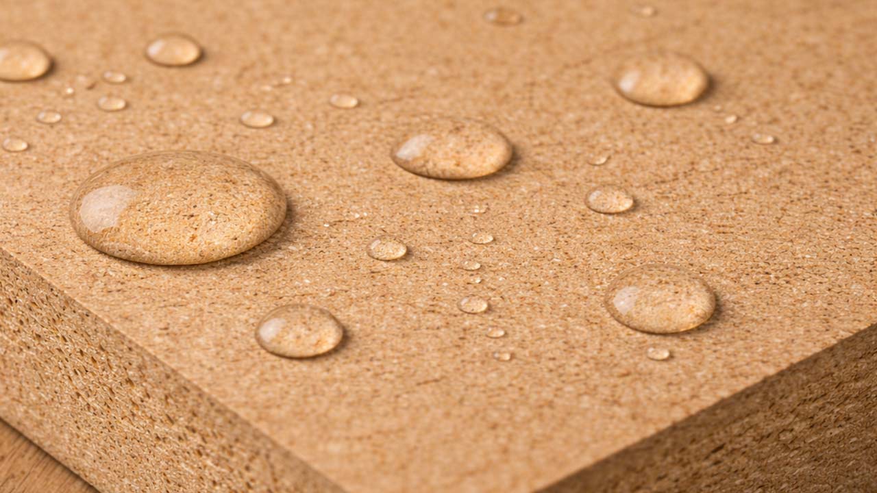 MDF med vanddråber på overfladen