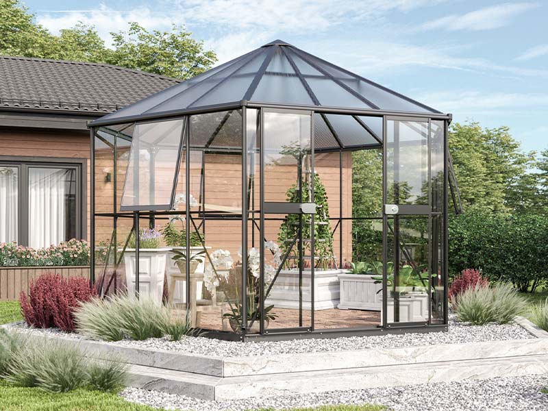 Sekskantet drivhus og pavillion til haven