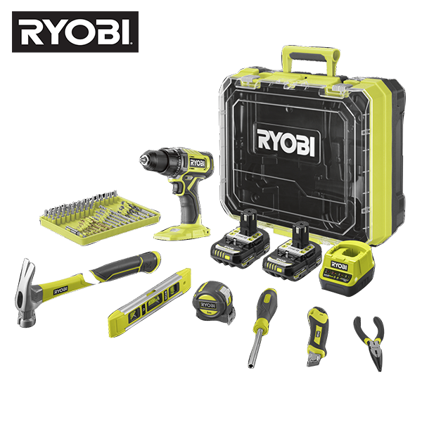 Ryobi s&aelig;t med bore og skruemaskine og v&aelig;rkt&oslash;j