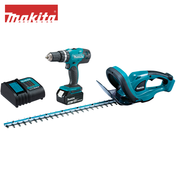 Makita s&aelig;t med h&aelig;kkeklipper og skruemaskine