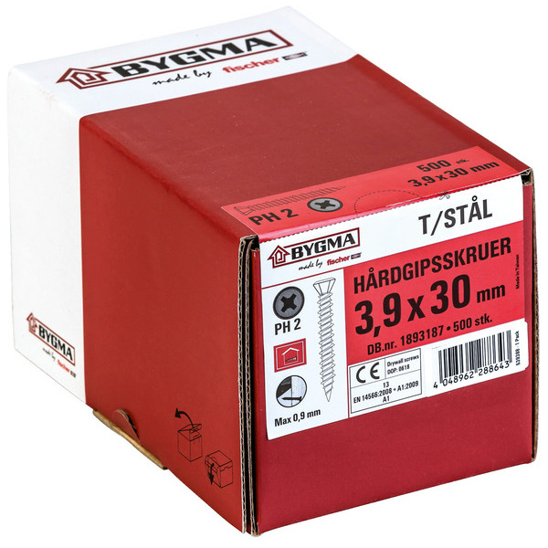 Bygma Fibergipsskruer t/stål og træ PH2 - 3,9x30mm - 500 stk