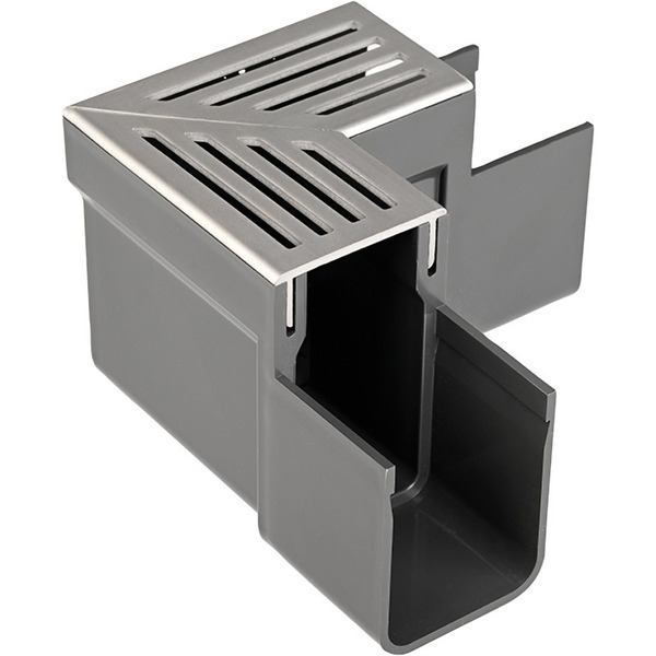 Plastmo Linjedræn Hjørne Med Rist i Alu. Sølv - Slimline 16x10,3x16cm