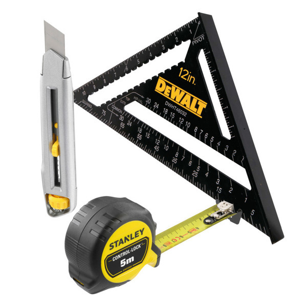 DEWALT Speedvinkel - 30cm + Stanley Båndmål + Stanley Kniv
