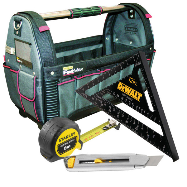 DEWALT Speedvinkel - 30cm + Stanley Båndmål + Stanley Kniv + Værktøjstaske