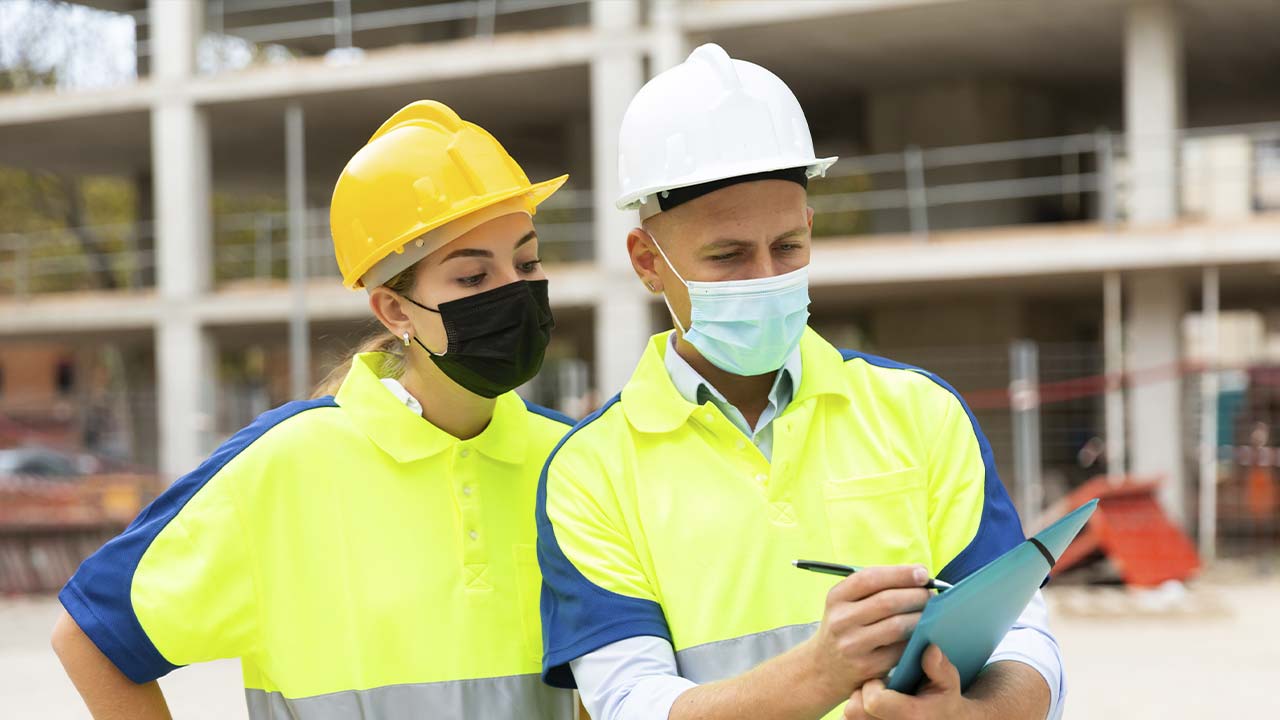 Mundbind og sikkerhjelm som sikkerhed på byggeplads