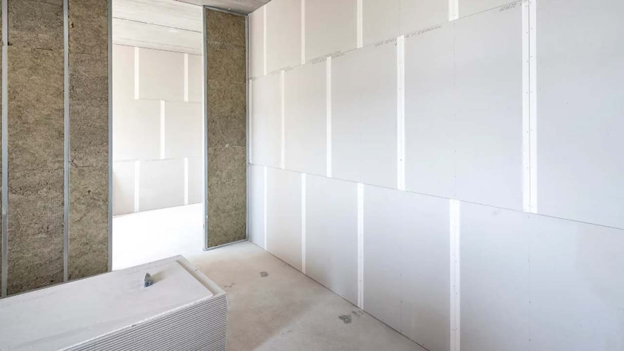 Skillevæg med isolering, stålskelet og gipsplader