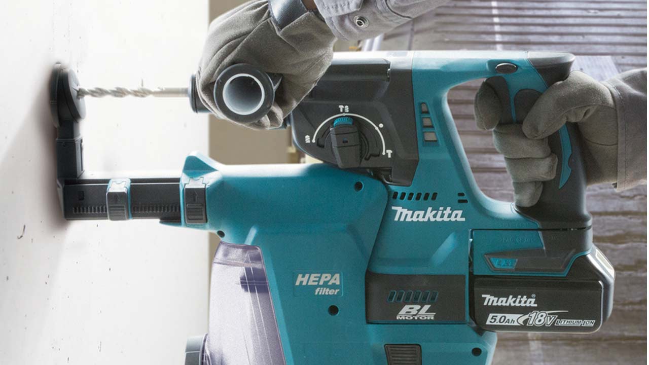 Batteridrevet Makita Borehammer med HEPA filter