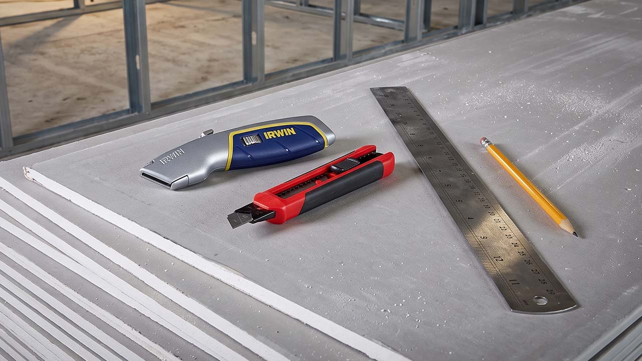 To knive og hobbyknive liggende p&aring; gipsplader